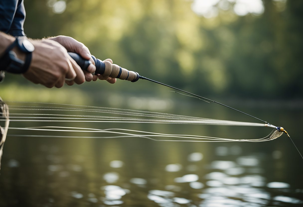 A two-handed rod casts a fly line over a tranquil river, with the running line smoothly flowing through the guides. The angler expertly attaches the running line to the backing