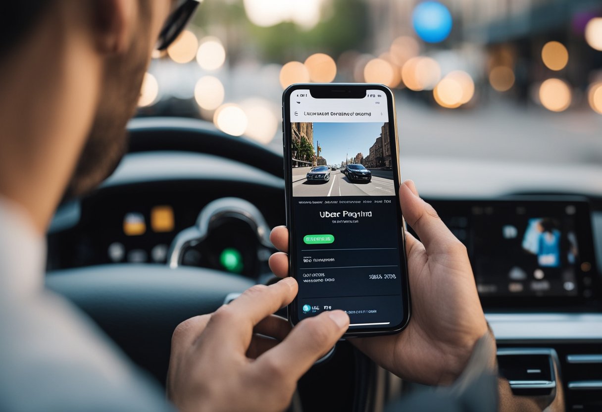 Um cliente usando um smartphone para navegar no aplicativo Uber, selecionando a seção de pagamento e escolhendo a opção de solicitar um reembolso através do Uber Pix.