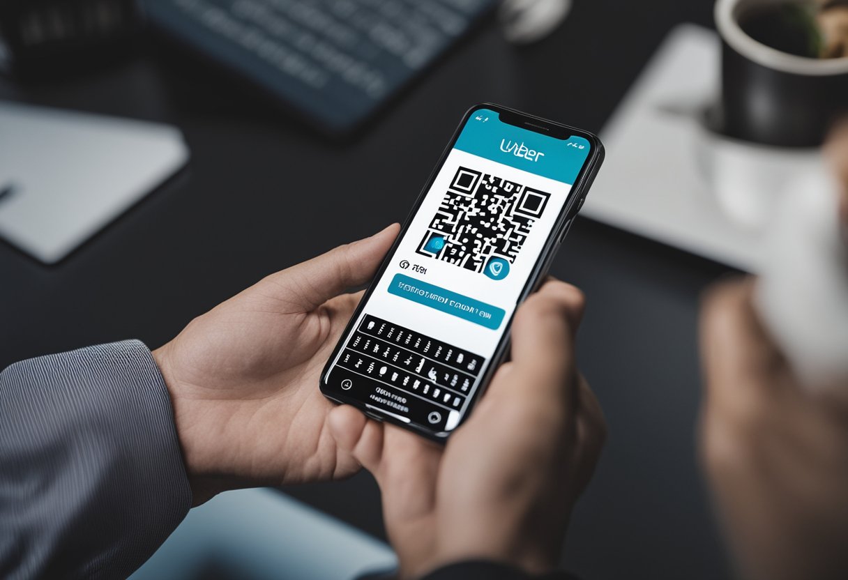 Uma pessoa usando um smartphone para escanear um código QR no aplicativo Uber, com um logo do Pix exibido na tela