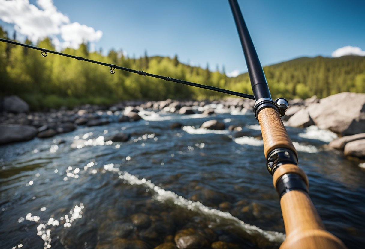 A two-handed fly rod with the fly line being cast across a rushing river, demonstrating the proper running line fly fishing techniques