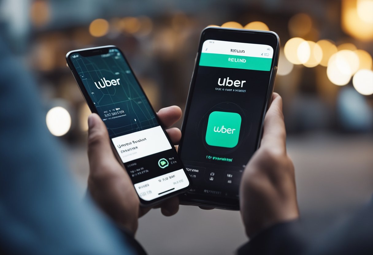 Uma pessoa tocando na tela do smartphone para solicitar um reembolso através do aplicativo Uber usando o método de pagamento "Uber Pix".