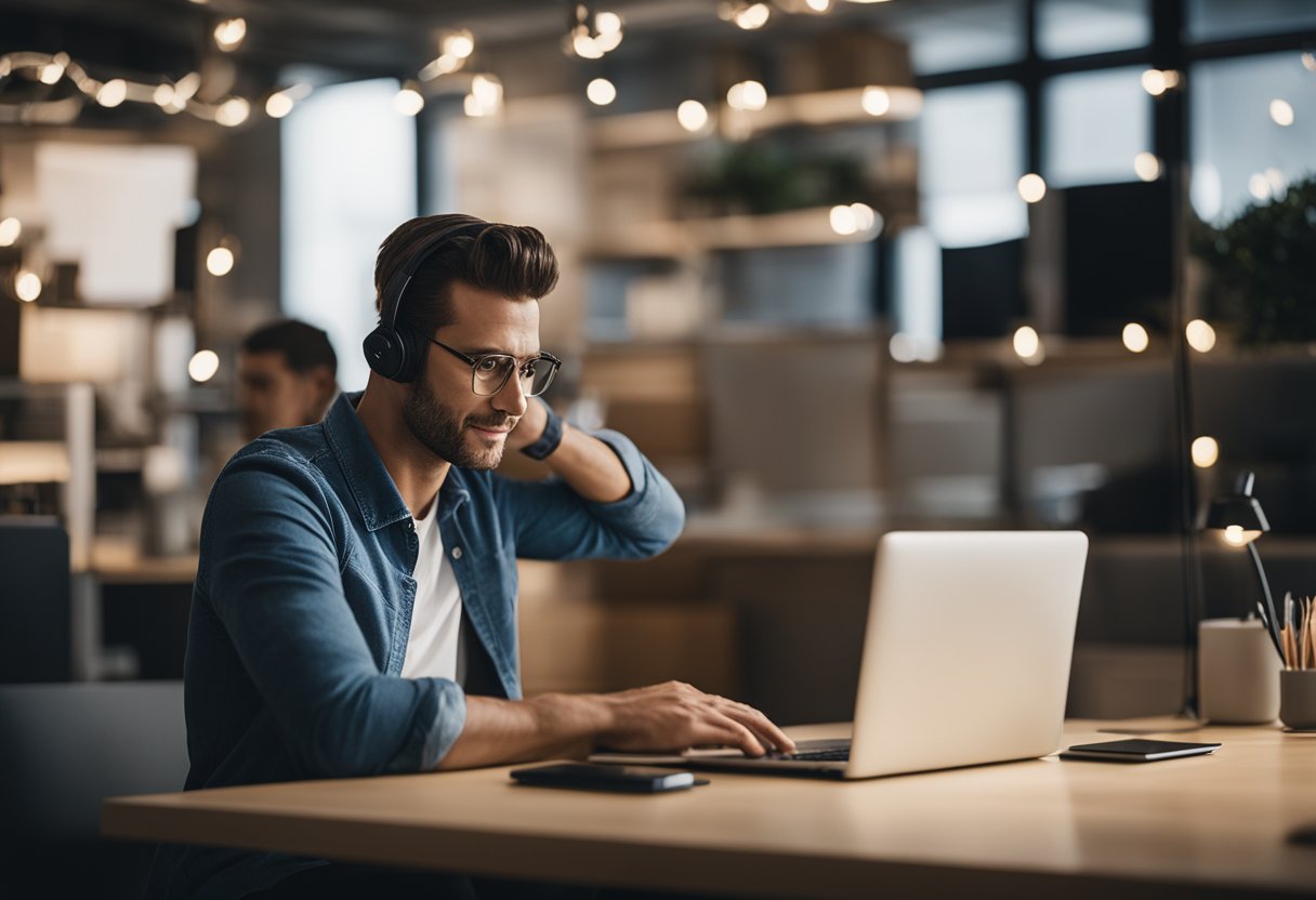 Um cliente sentado em uma mesa com um laptop, expressão frustrada, entrando em contato com o atendimento ao cliente da Shein online para solicitar um reembolso de um produto que nunca chegou.