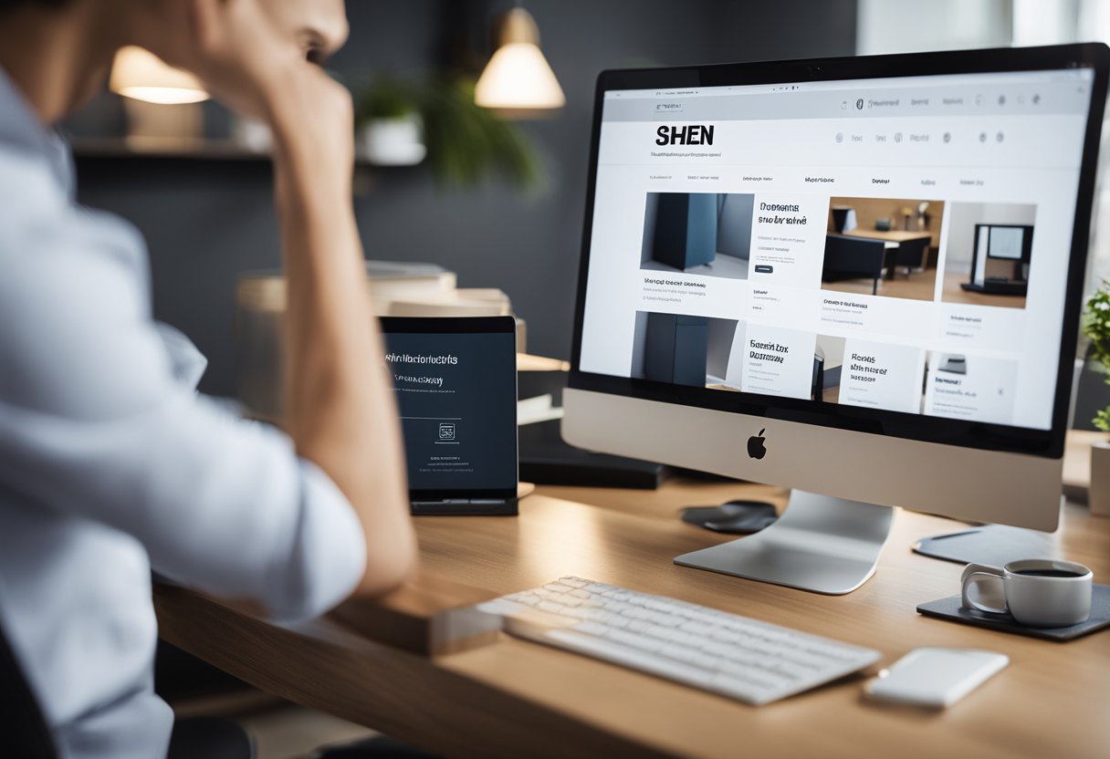 Um cliente sentado em uma mesa, frustrado, olhando para a tela de um computador que mostra o site da SHEIN. Um pacote é exibido como "não entregue" na página de rastreamento.