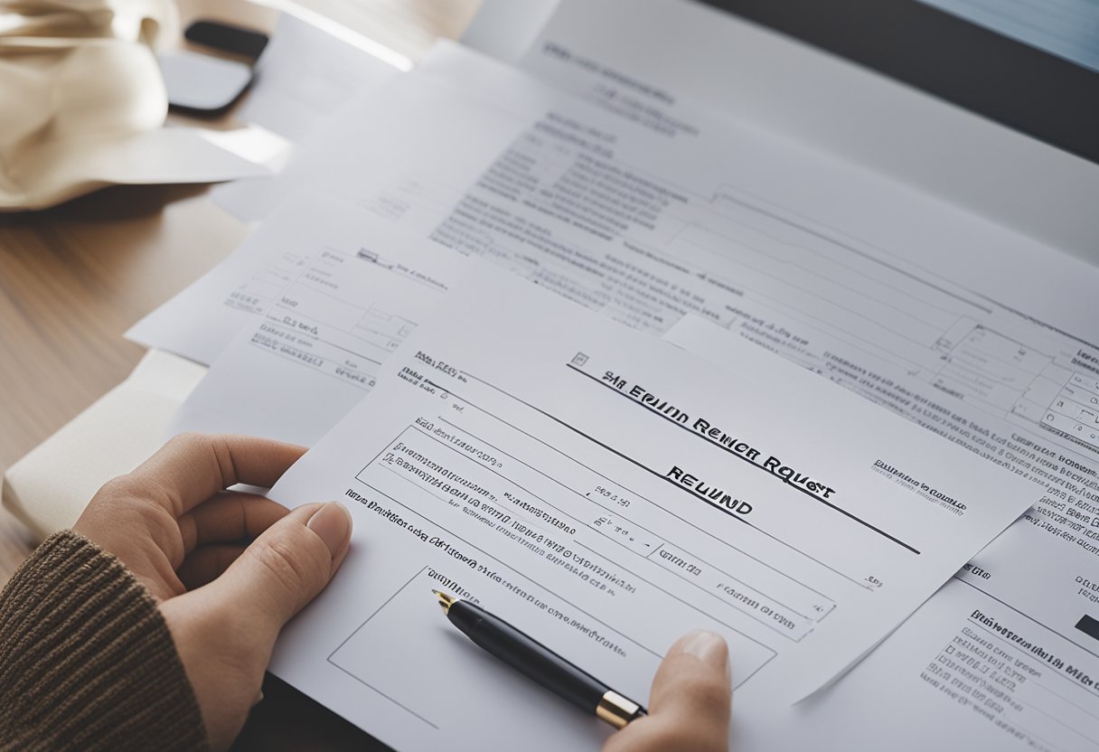 Um cliente está sentado em uma mesa com um laptop, preenchendo um formulário de solicitação de reembolso no site da Shein. Um pacote vazio está ao lado dele.