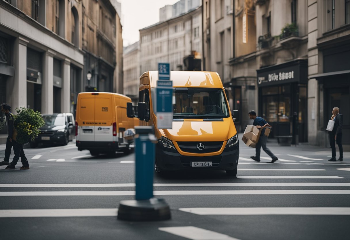 Uma esquina movimentada com entregadores pegando pacotes em pontos de coleta designados do Mercado Livre