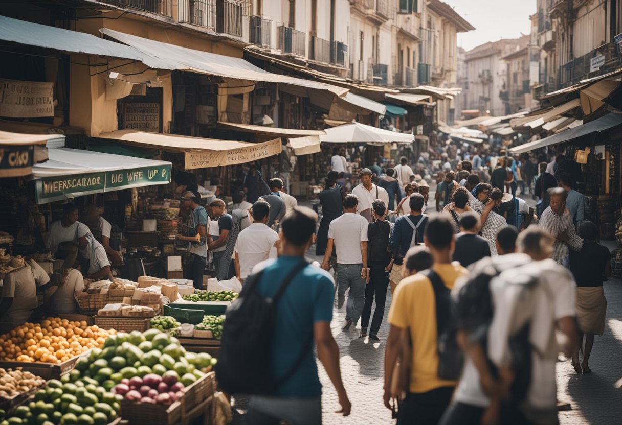 Um mercado movimentado com vários vendedores e clientes, com uma placa proeminente exibindo "Pontos de Retirada do Mercado Livre" e pessoas indo e vindo para retirar suas compras.
