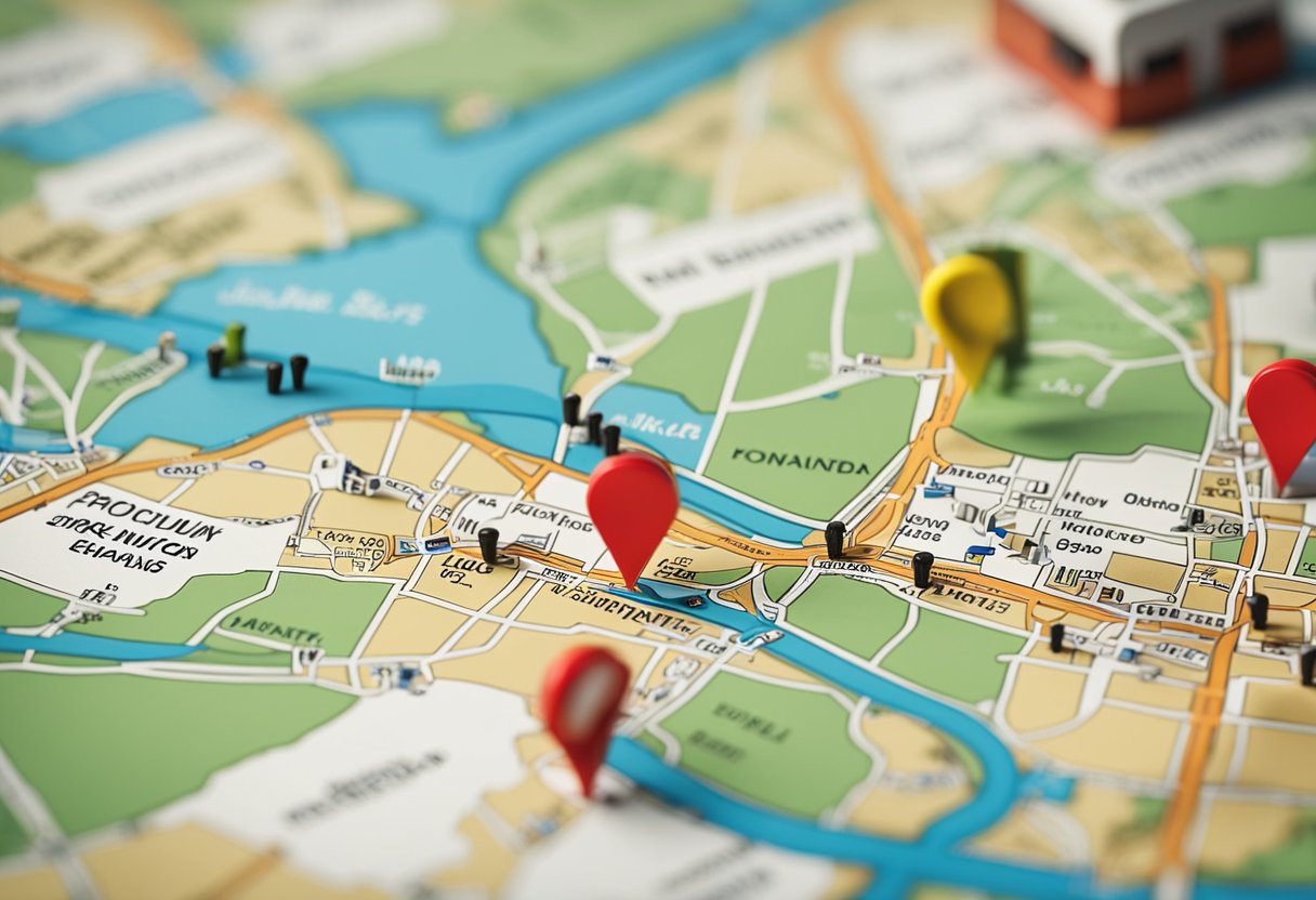 Um mapa com múltiplos marcadores de localização mostrando pontos de coleta próximos para pedidos do Mercado Livre