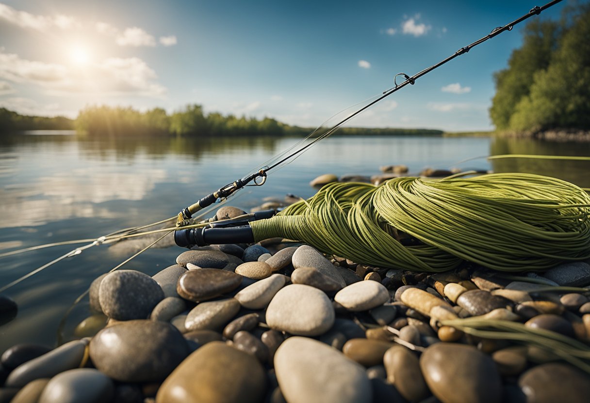 A serene riverbank with a fly line gracefully casting into the water, surrounded by knots and beginner-friendly fishing gear
