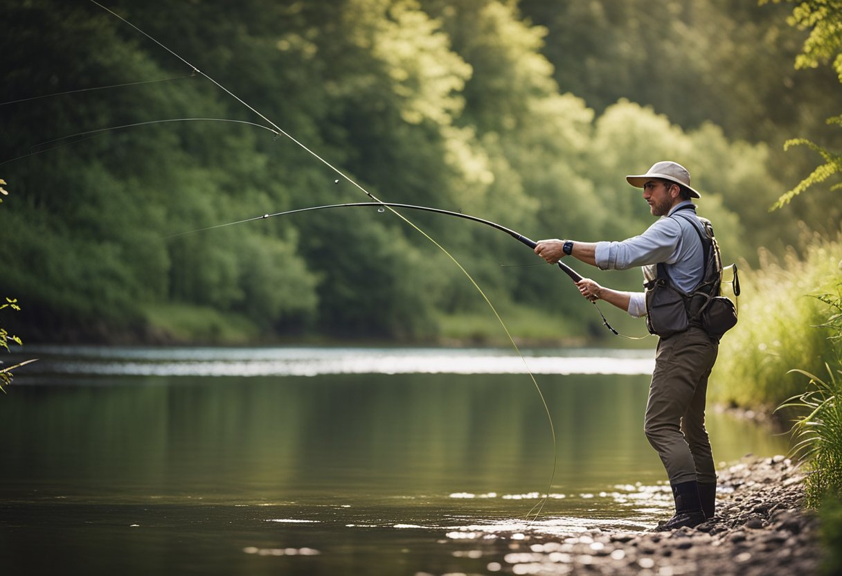 A serene riverbank with a fly fishing rod casting a perfect loop into the water, with the running line smoothly gliding through the air