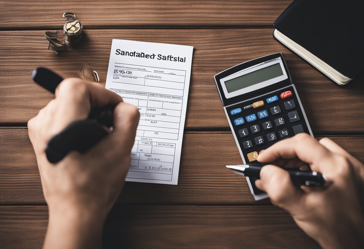 Uma mão segurando uma caneta preenche um cheque do Santander em uma mesa de madeira com uma calculadora e uma pilha de papéis ao lado.
