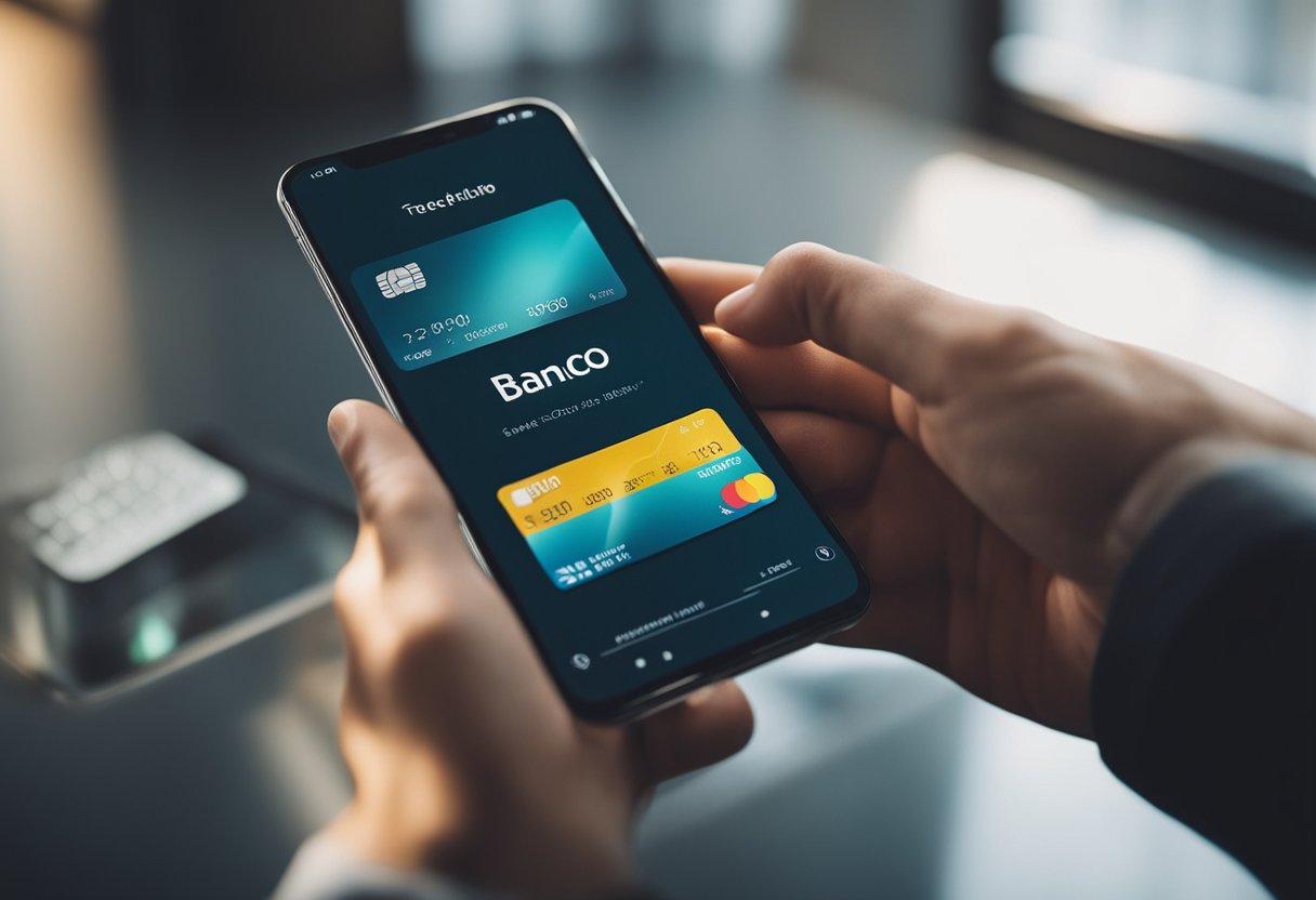 Uma mão segurando um smartphone com um aplicativo bancário aberto, rastreando uma transação de cartão de crédito do Banco Pan