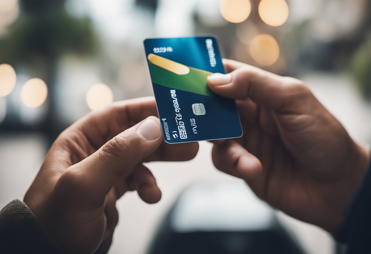 Uma mão segurando um cartão de crédito enquanto usa um smartphone para rastrear sua localização