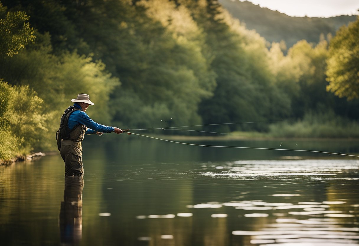 A serene riverbank with a fly line being cast into the water, showcasing the technique of running line fly fishing for beginners