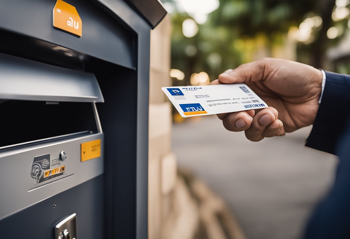 Uma mão colocando um cartão Itaú em uma caixa de correio, com um carteiro coletando correspondência ao fundo