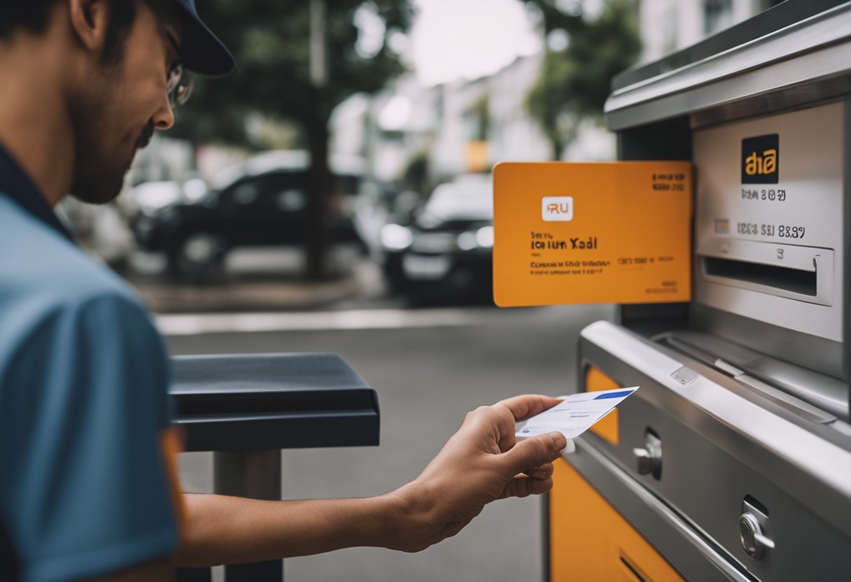 Uma pessoa verificando sua caixa de correio em busca de um cartão Itaú, com um carteiro entregando correspondência ao fundo