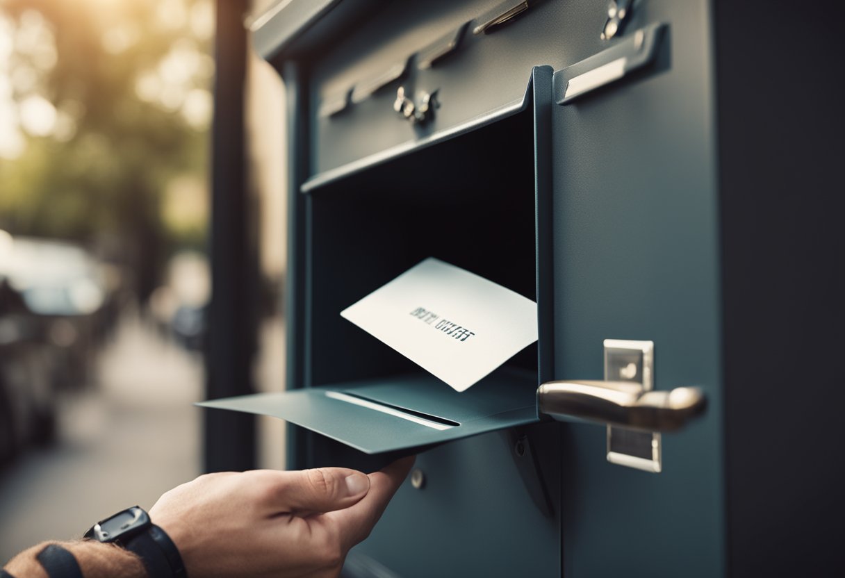 Uma mão deixando um envelope selado na fenda de uma caixa de correio