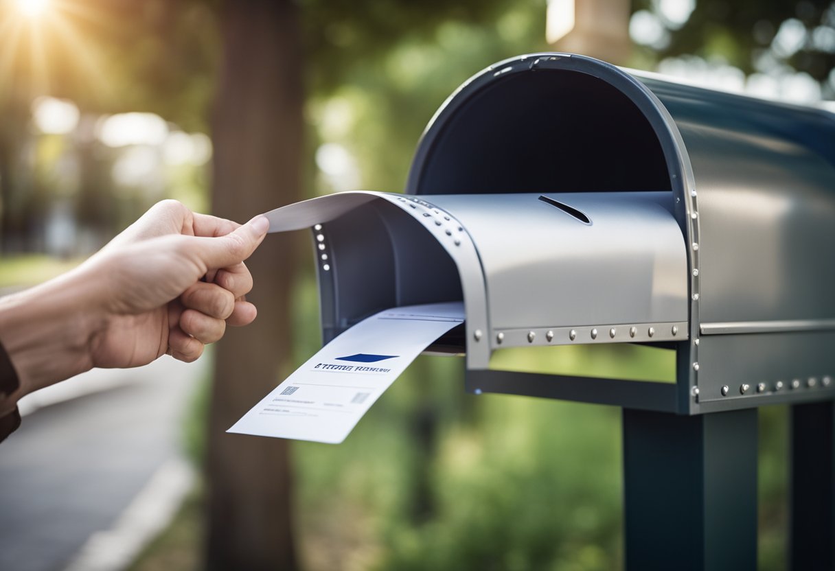 Uma mão colocando um envelope de depósito em uma caixa de correio com um número de rastreamento visível