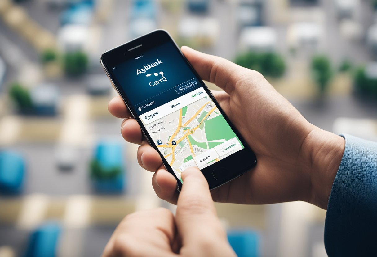 Uma mão segurando um smartphone com um aplicativo de mapa aberto, mostrando a localização de um cartão Agibank sendo rastreado.