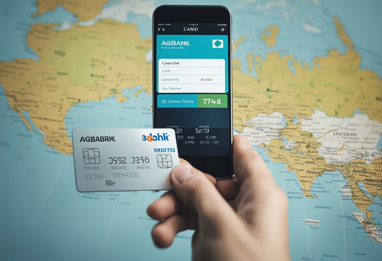 Uma mão segurando um cartão Agibank enquanto um mapa digital exibe o progresso de rastreamento do cartão.