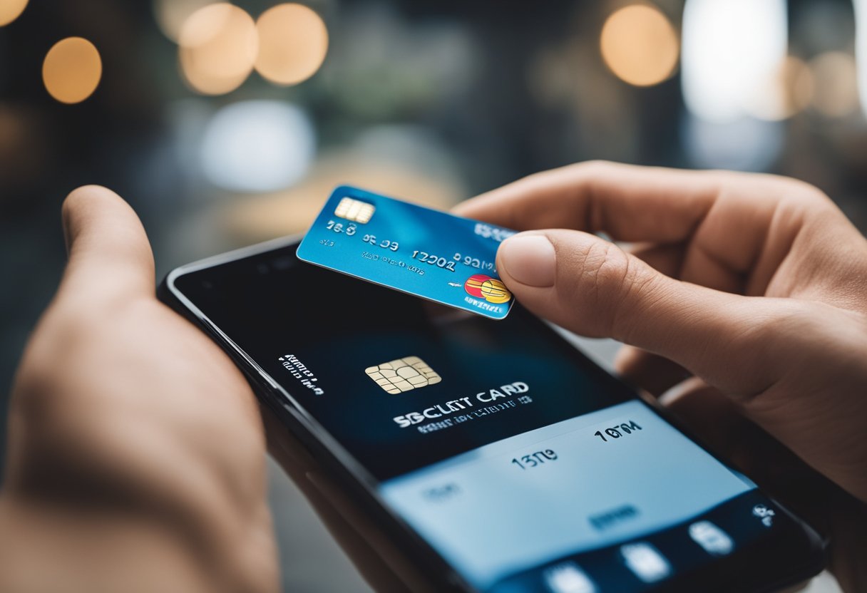 Uma mão segurando um cartão de crédito BB enquanto usa um smartphone para rastrear sua localização