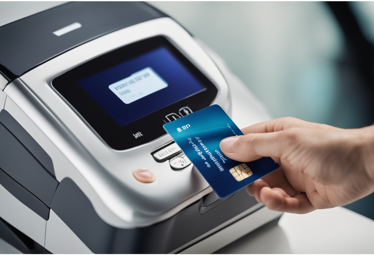 Uma mão colocando um cartão BB em um scanner, com uma tela de computador exibindo o processo de rastreamento.