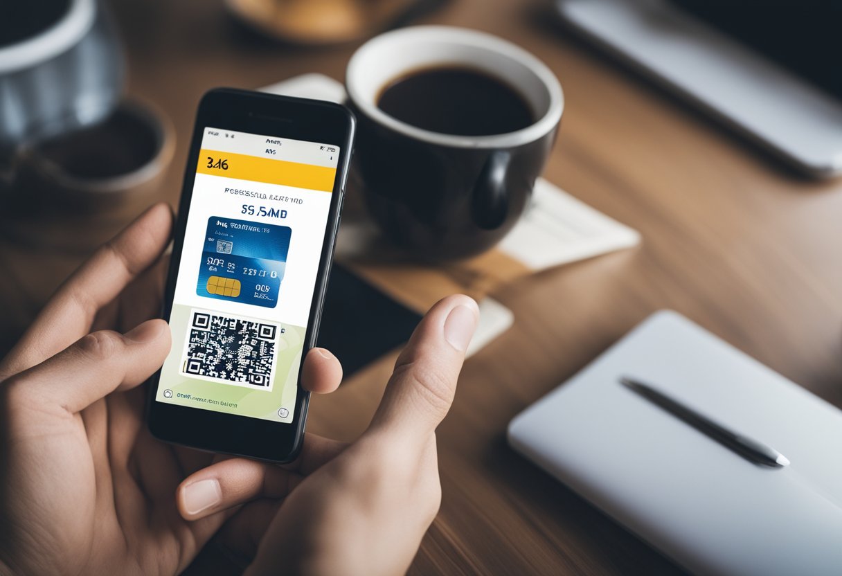 Uma mão segurando um cartão do C6 Bank enquanto usa um telefone celular para rastrear sua localização