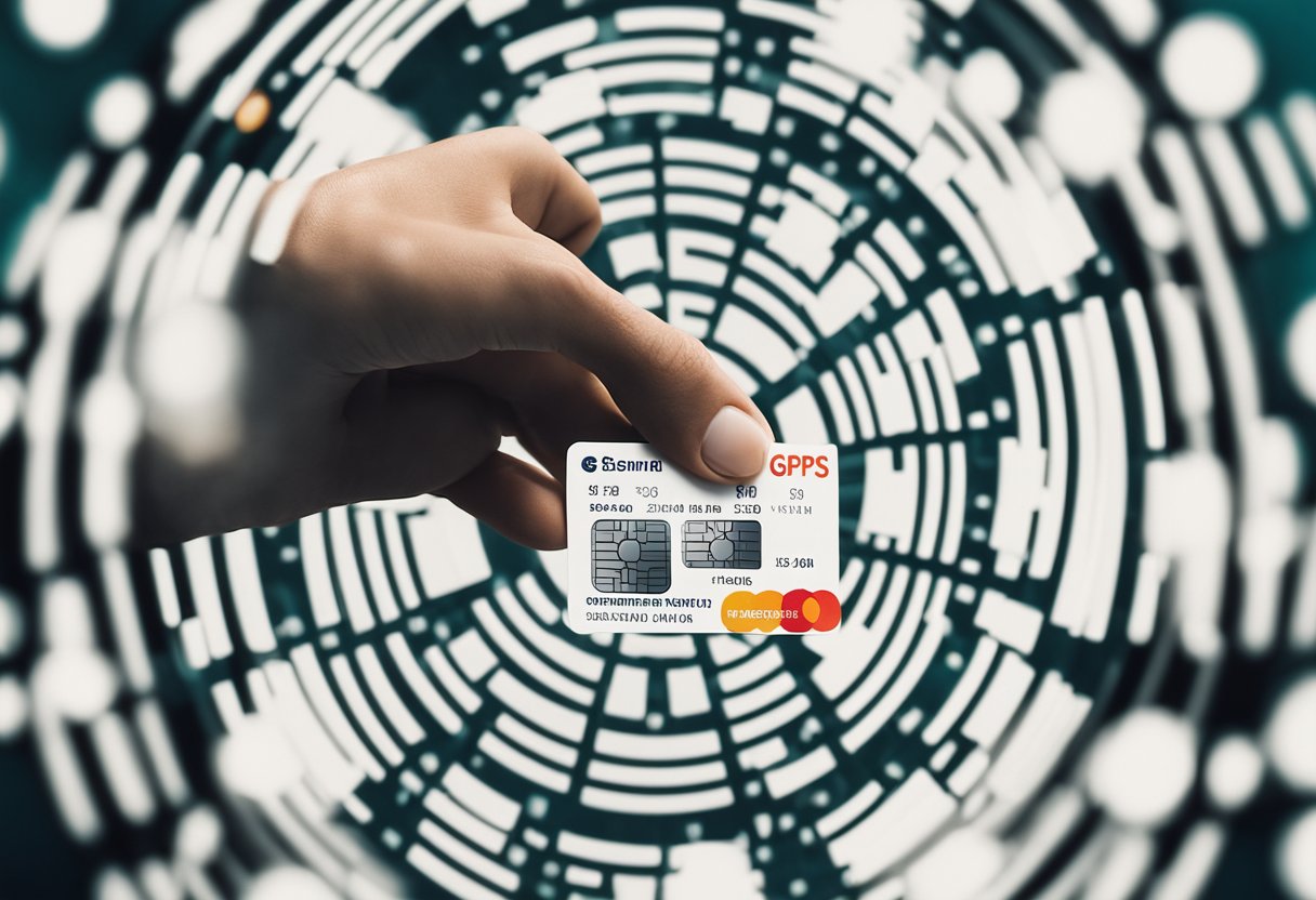 Uma mão segurando um cartão do C6 Bank enquanto vários métodos de rastreamento (GPS, código de barras, etc.) a cercam em um padrão circular