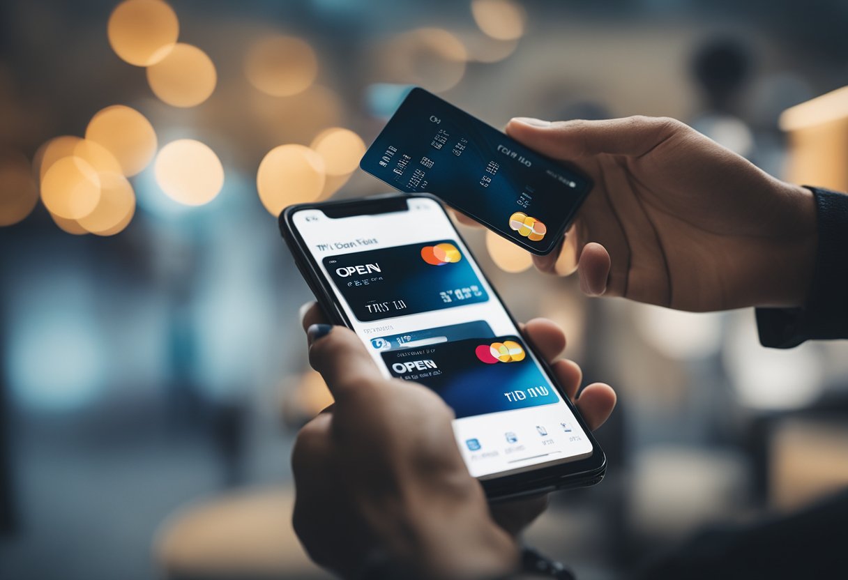 Uma mão segurando um smartphone com o aplicativo Iti Itaú aberto, enquanto a outra mão segura um cartão de crédito e aponta para a tela.