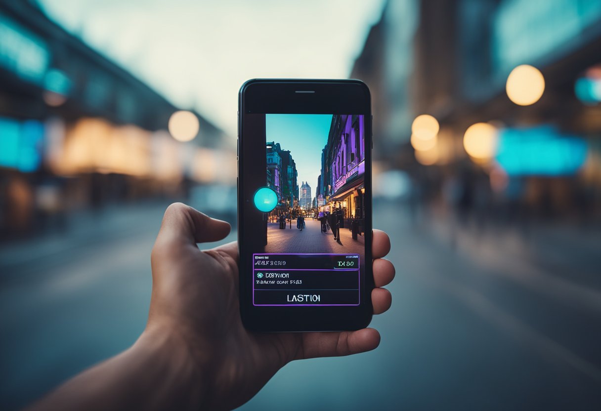 Uma mão segurando um cartão neon enquanto usa um smartphone para rastrear sua localização