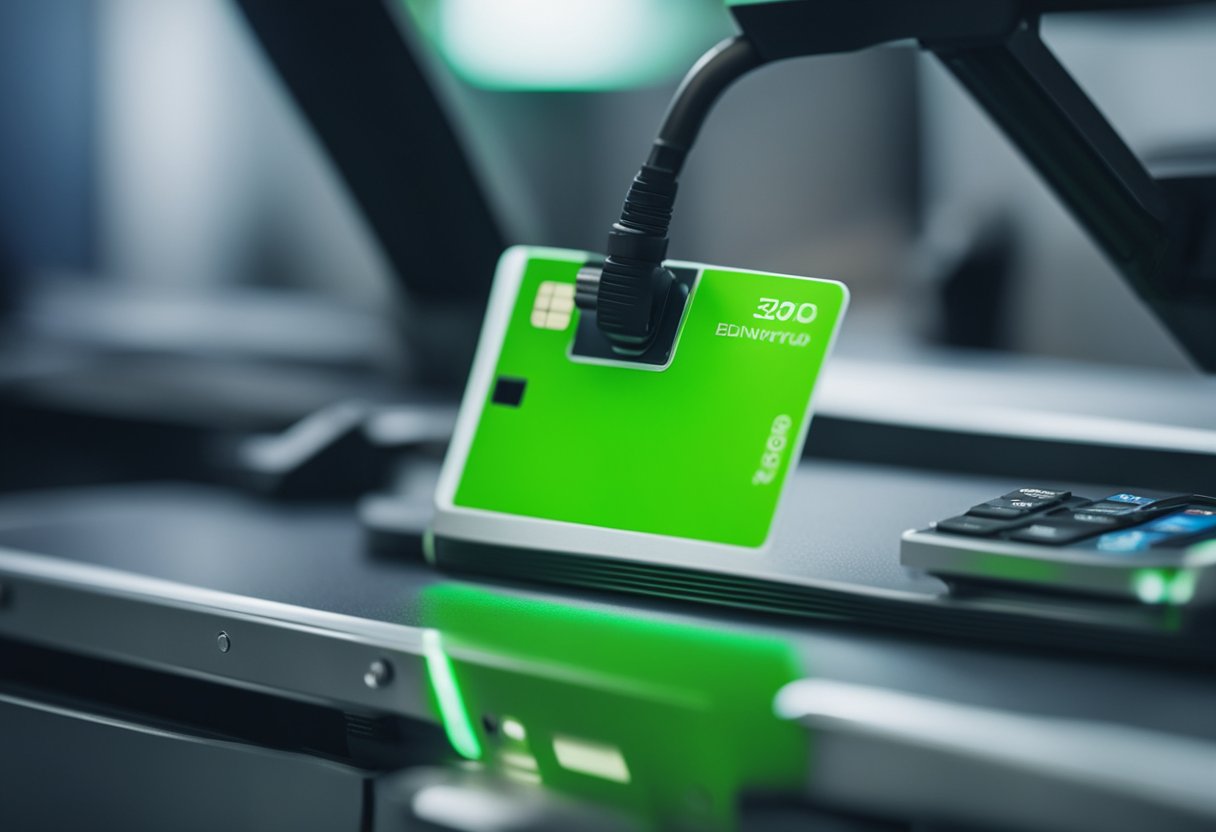 Um cartão verde neon sendo escaneado por um dispositivo de rastreamento