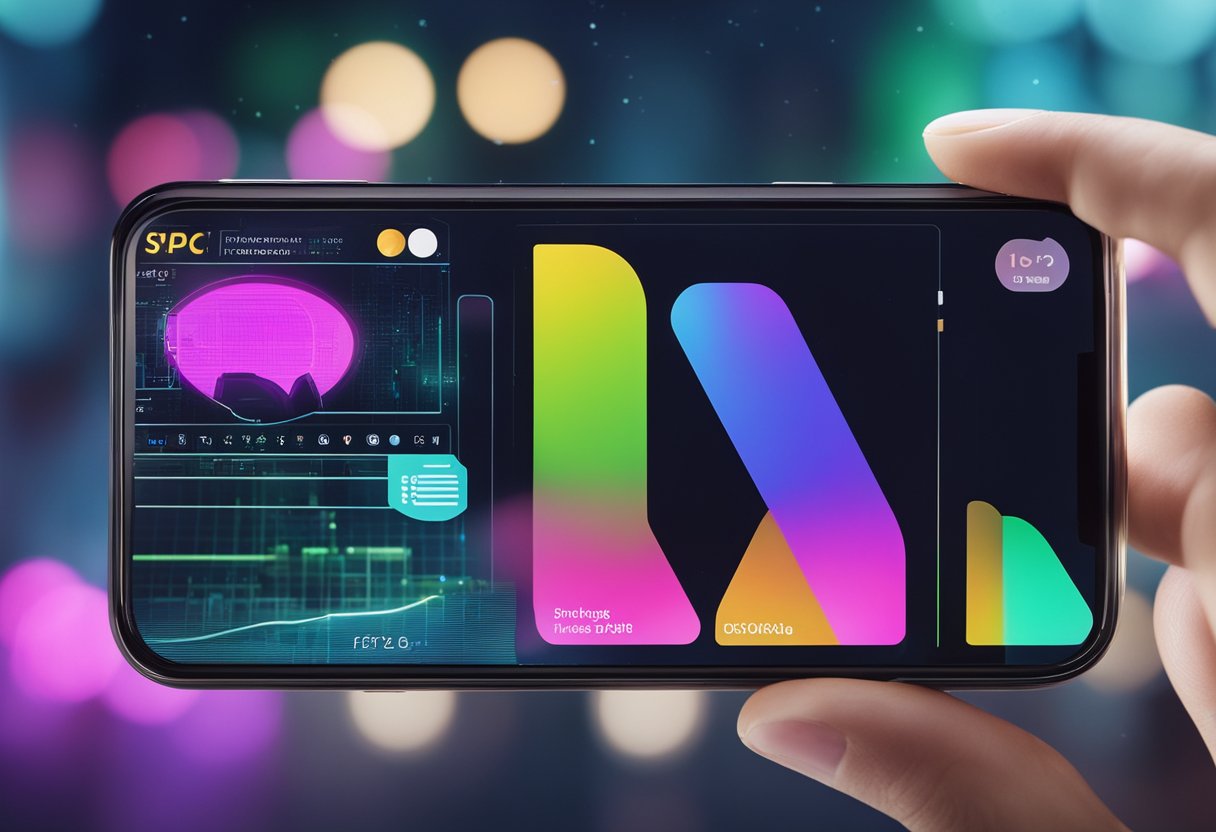 Uma mão segurando um cartão neon enquanto usa um smartphone para rastrear sua localização