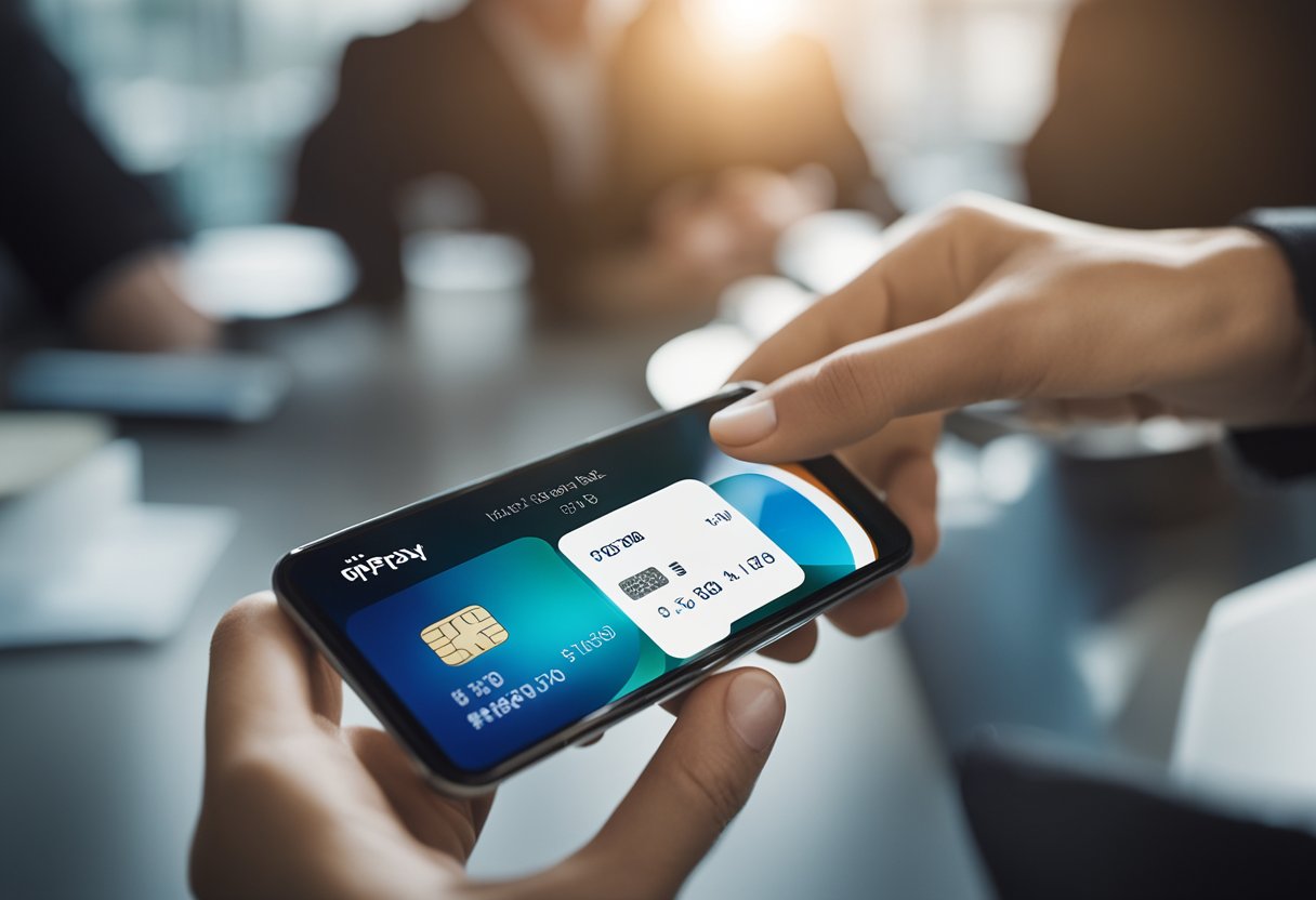 Uma mão segurando um smartphone com o aplicativo PicPay aberto, enquanto a outra mão segura um cartão de crédito. A tela mostra um processo de rastreamento.