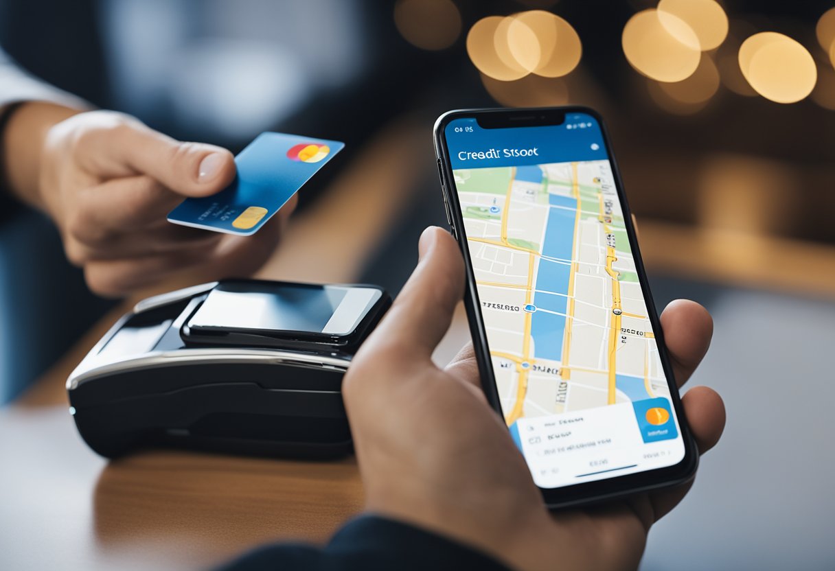Uma mão segurando um smartphone com um aplicativo de mapa aberto, enquanto um cartão de crédito está sendo escaneado com outro dispositivo.