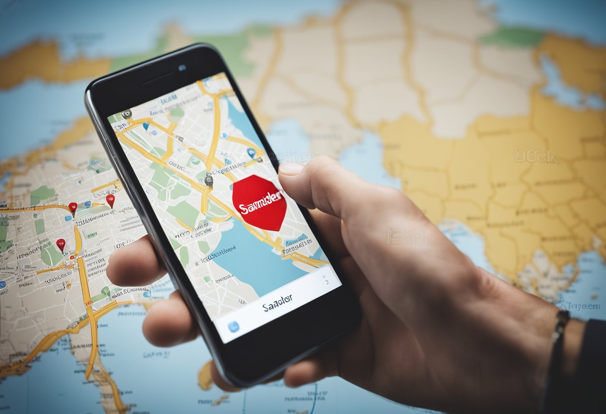 Uma pessoa usando um smartphone para rastrear um cartão Santander em um mapa