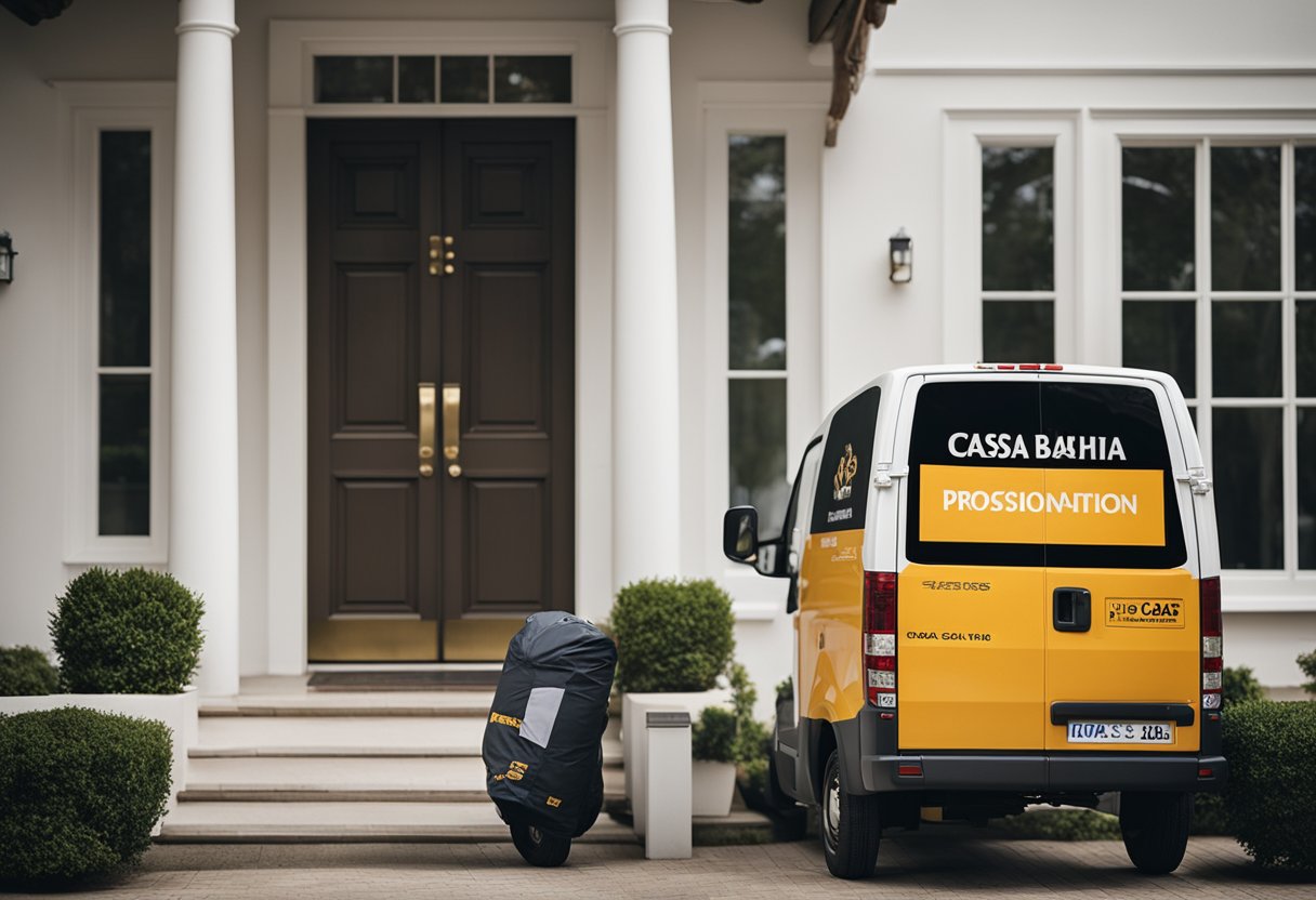 Um caminhão de entrega estacionado do lado de fora de uma casa residencial com o logo da Casas Bahia na lateral, uma pessoa de entrega carregando um pacote até a porta da frente.