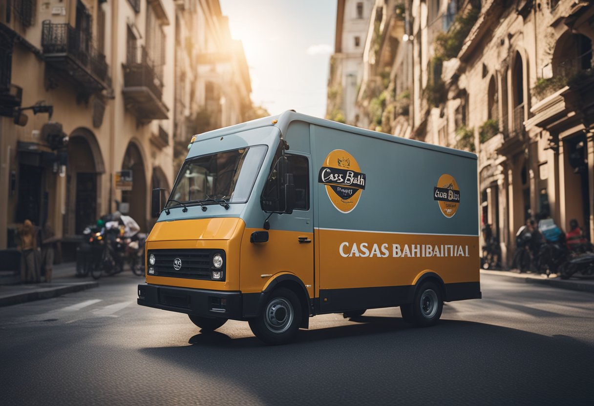 Um caminhão de entrega com o logo das Casas Bahia passa por uma cidade, passando por vários pontos turísticos e ruas enquanto se dirige para entregar um pacote.