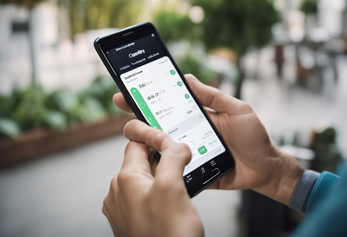 Uma pessoa usando um smartphone para rastrear uma entrega da Casas Bahia, com o aplicativo aberto e as informações de rastreamento exibidas na tela.
