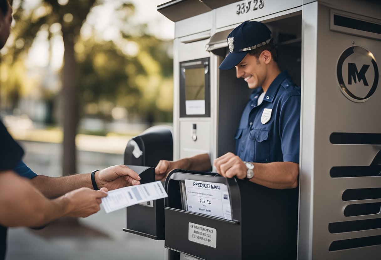 Um carteiro colocando uma carteira de motorista em uma caixa de correio, com um número de rastreamento visível na embalagem