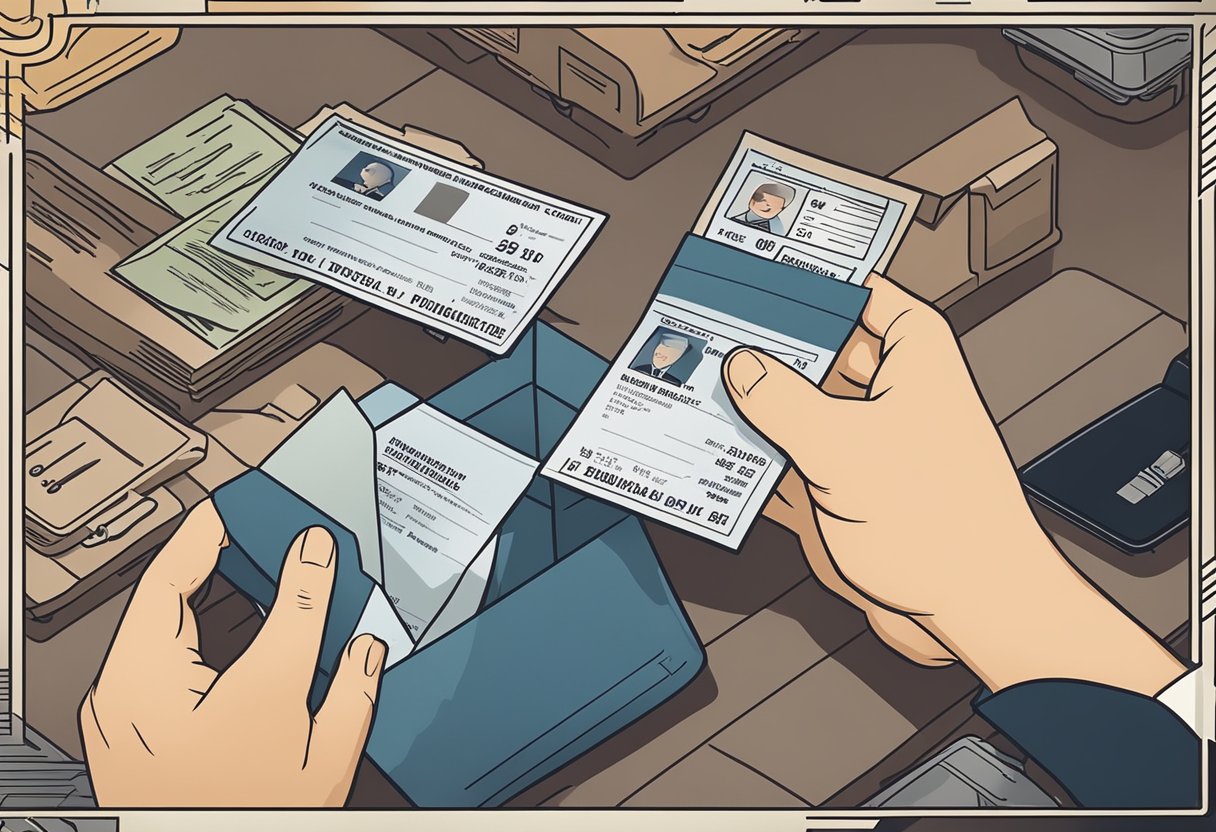 Uma pessoa colocando sua carteira de motorista em um envelope, selando-o e entregando-o a um funcionário dos correios.