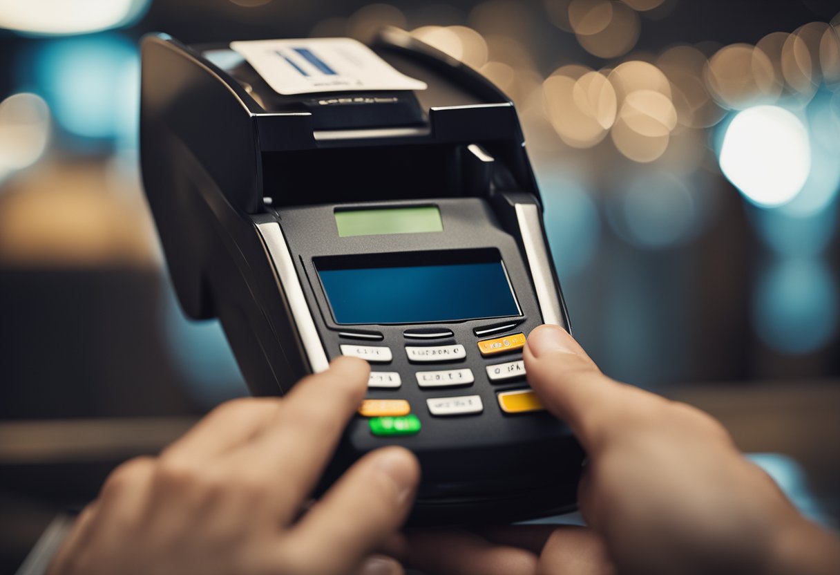 Uma mão se estendendo para inserir um cartão de crédito em um leitor de cartões