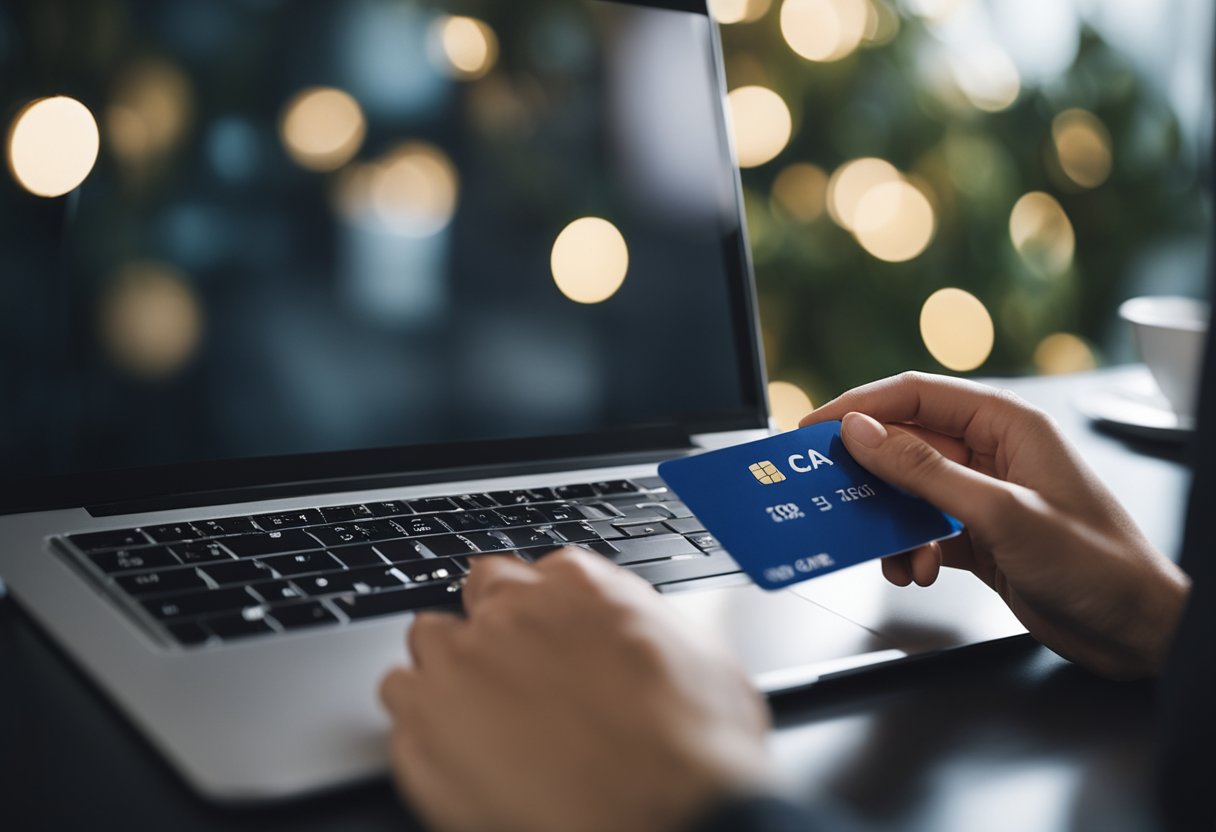 Uma pessoa segurando um cartão C&A e usando um telefone ou computador para reativá-lo