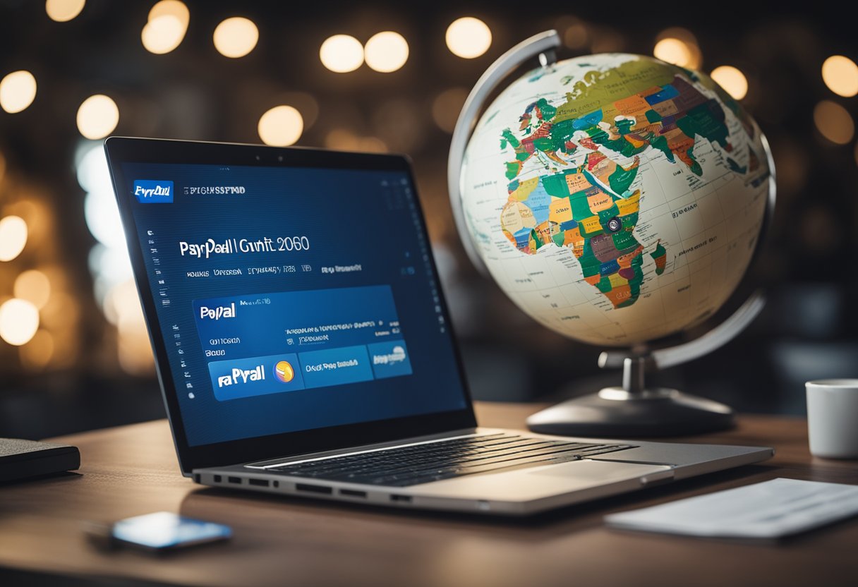 Um laptop com uma conta do PayPal aberta, cercado por símbolos de moeda internacional e um globo
