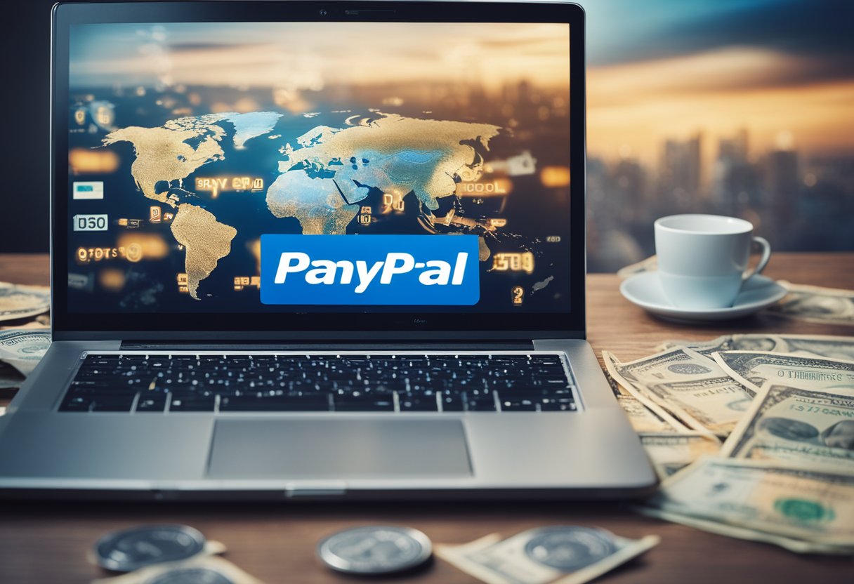 Um laptop com uma conta do PayPal aberta, cercado por símbolos de moedas internacionais e um mapa-múndi ao fundo