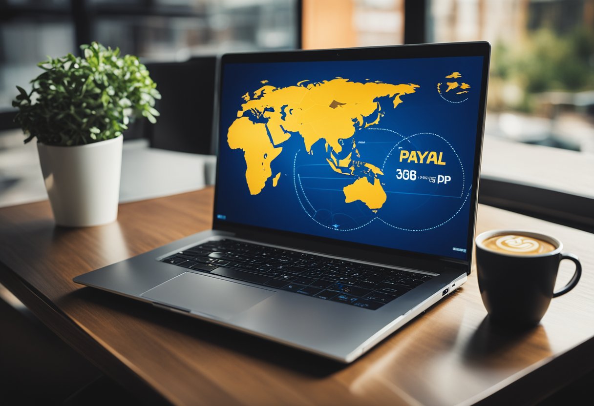 Um laptop aberto na página de configurações do PayPal, com um mapa-múndi ao fundo e um símbolo de moeda internacional na tela