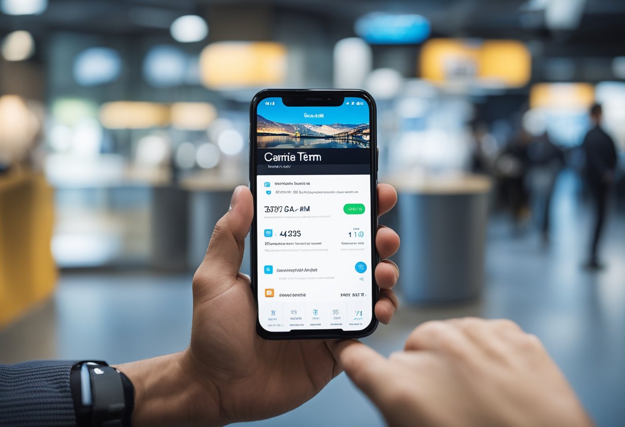 Uma pessoa em pé na frente de um aplicativo Caixa Tem em um smartphone, com um número PIS e informações pessoais sendo inseridas na tela.
