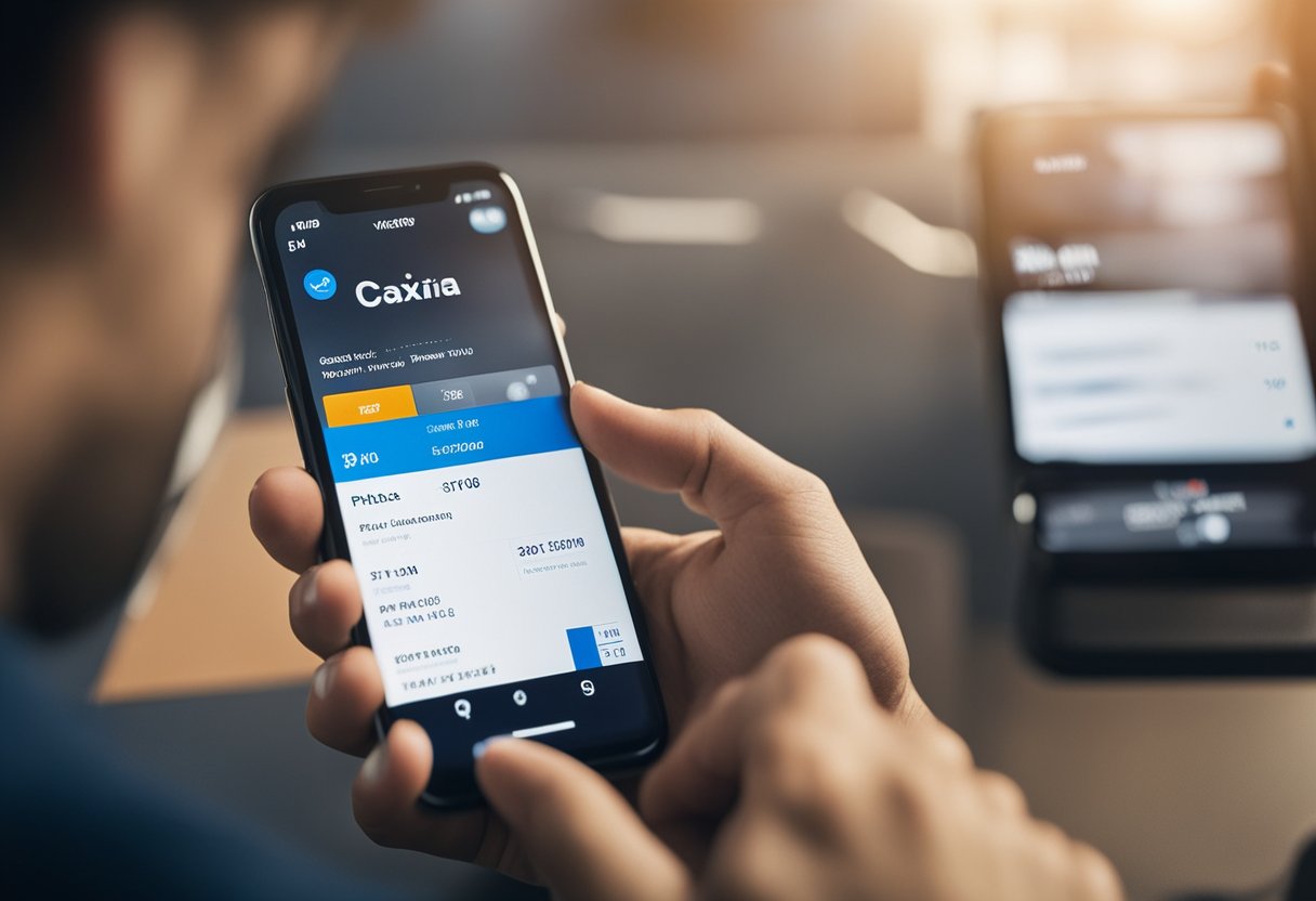 Uma pessoa usando um smartphone para acessar o aplicativo Caixa Tem, com o número do PIS e os detalhes da conta bancária visíveis na tela.
