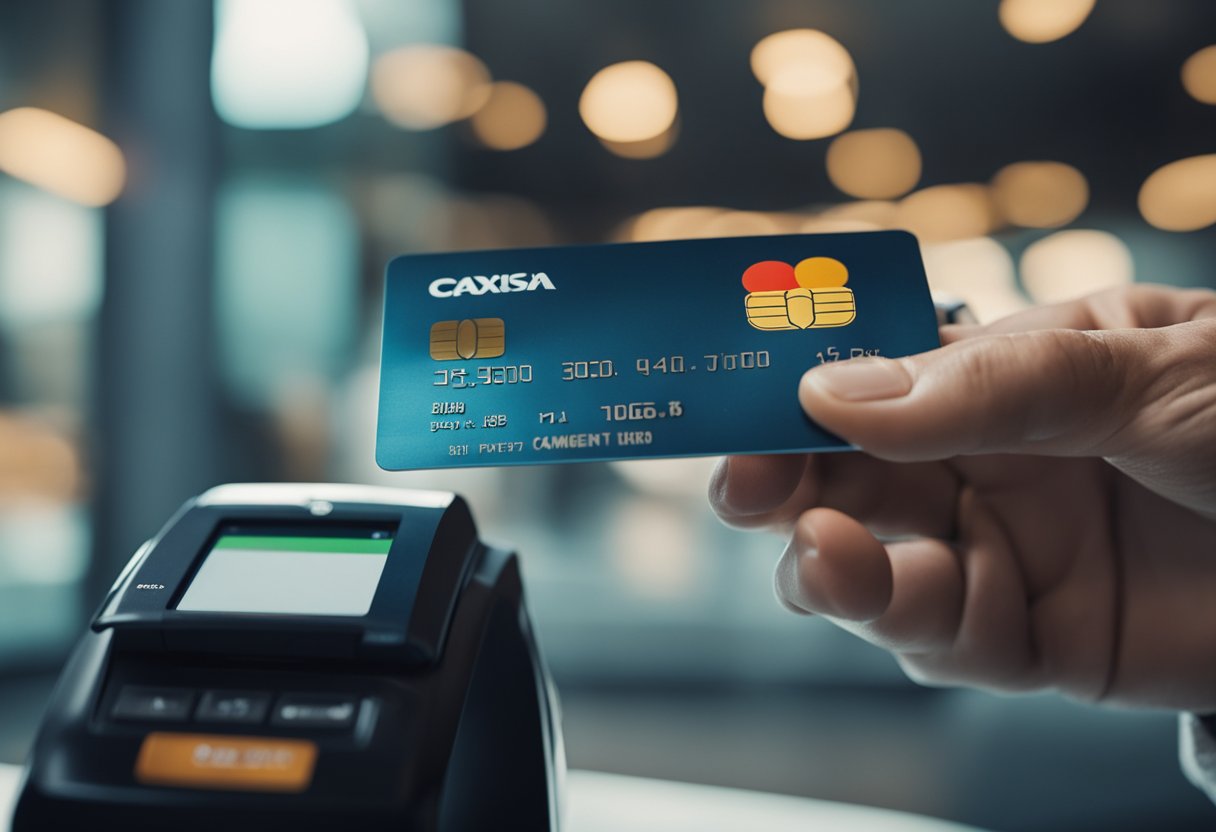 Uma pessoa em pé diante de um dispositivo digital, com um cartão bancário na mão, recebendo pagamento do PIS através do aplicativo Caixa Tem.