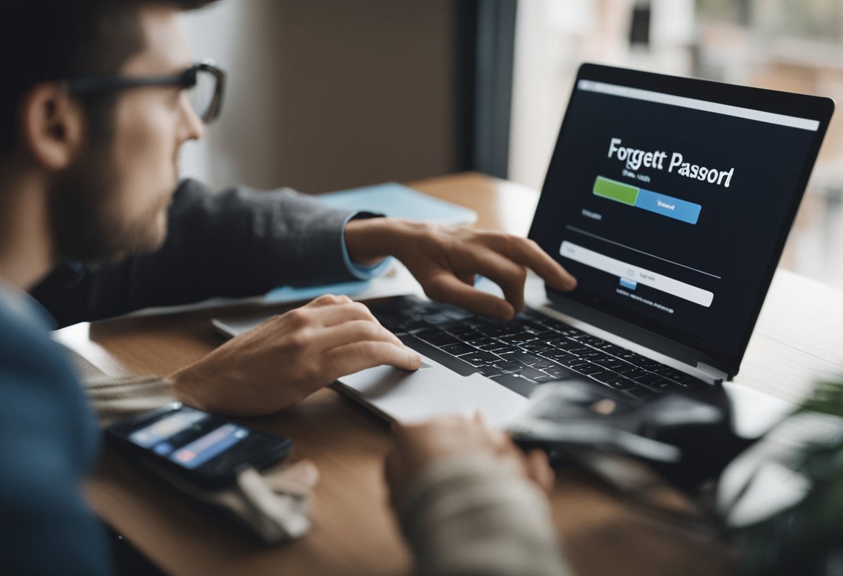 Uma pessoa sentada em um computador, clicando no link "esqueci a senha" em um aplicativo de carteira digital