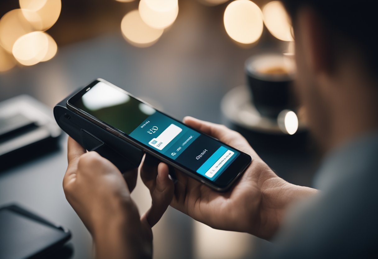 Uma pessoa usando um smartphone para acessar uma carteira digital, com foco no processo de recuperar uma senha esquecida.