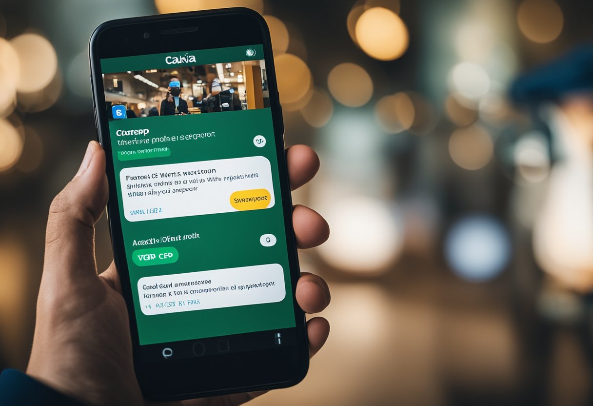 Uma pessoa usando um smartphone para acessar o aplicativo Caixa Tem enquanto um chat do WhatsApp com o suporte ao cliente está aberto na tela